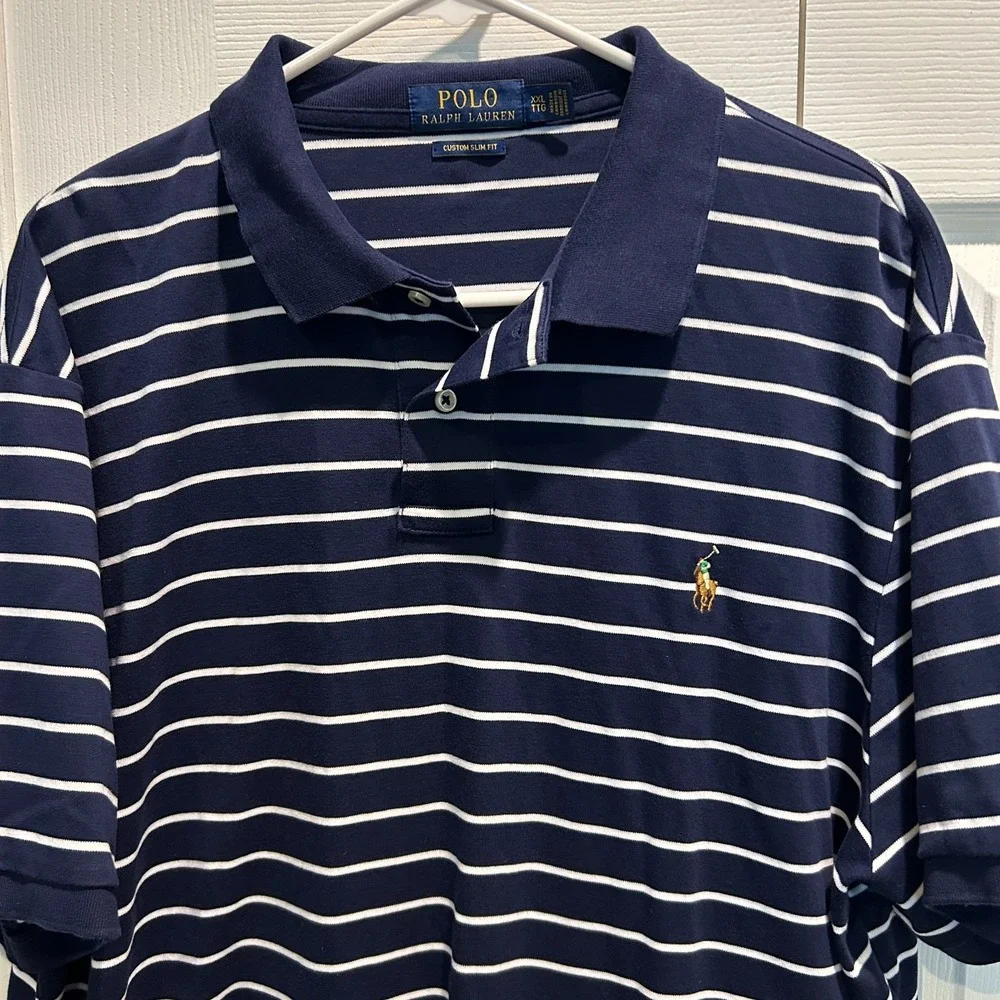 POLO Ralph Lauren Men's Custom Slim Fit Shirt XXL Navy White Stripe‎ Pony Logo